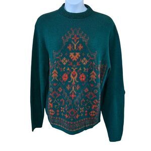 Vintage Green Sweater With Colorful Tribal Design warm ski lodge outdoors snow
